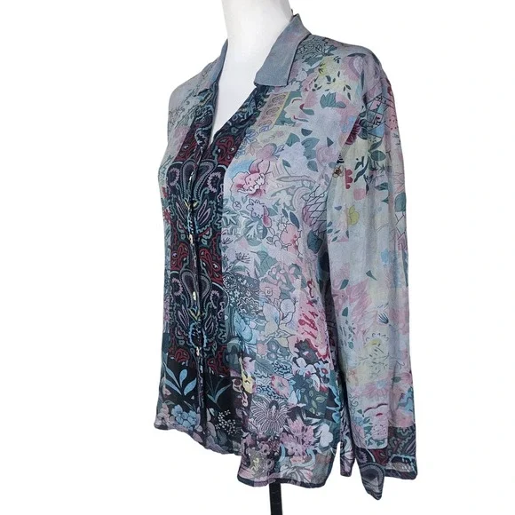 Citron Santa Monica Silk‎ Floral Button-Up Blouse S Sheer Asian Flowy Side Slit - Picture 2 of 10